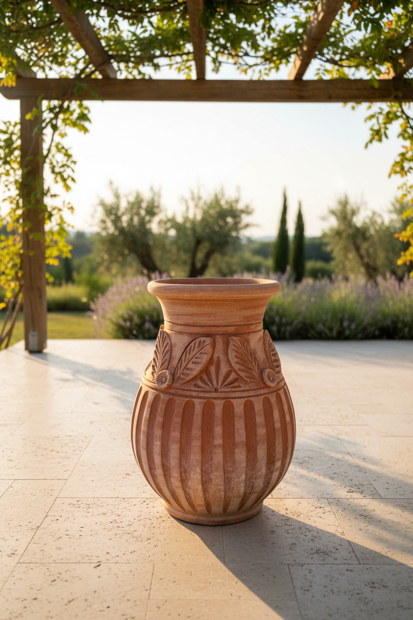 Foglie di Toscana — Exclusieve Toscaanse Terracotta Vaas met 3D Bladerenreliëf
